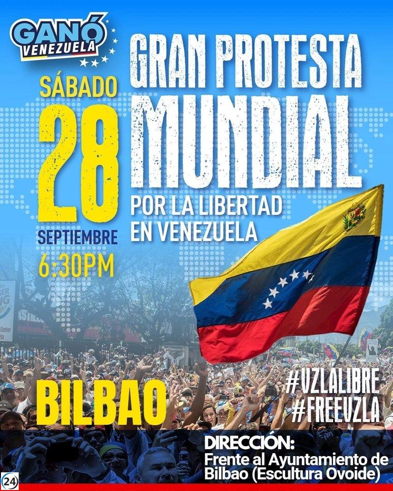 Manifestación internacional por la libertad de Venezuela en Bilbao tras la detención de dos ciudadanos locales.