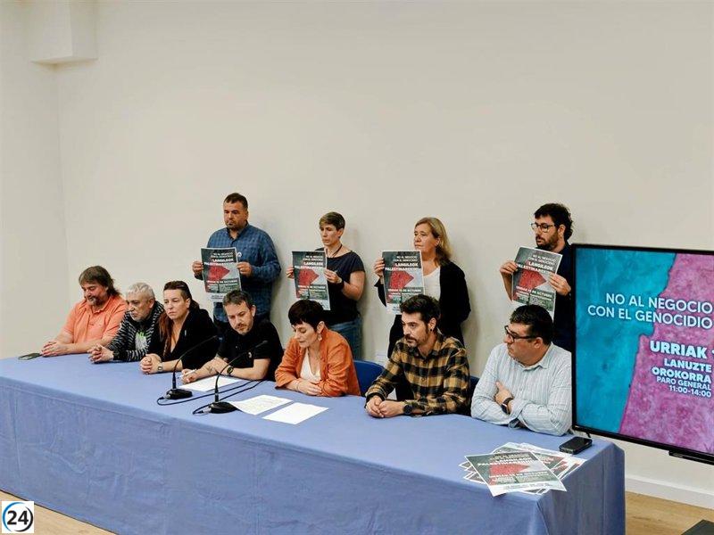 Sindicatos vascos convocan paro el 15 de octubre contra el lucro en el genocidio de Gaza.